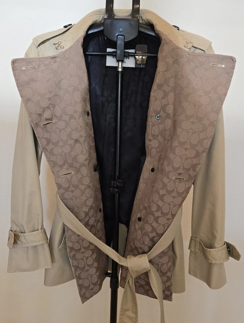 Coach Khaki Short Double-Breasted Trench Coat with Belt